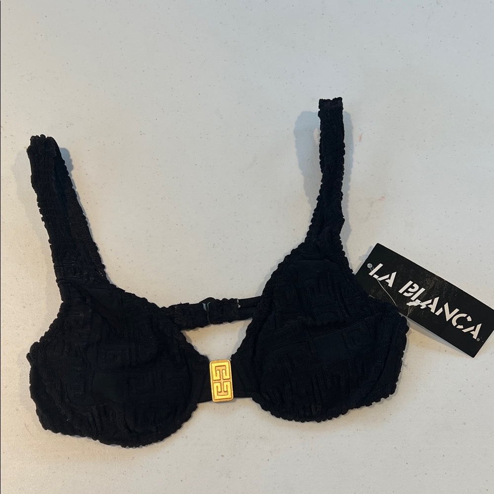 NEW La Blanca black underwire bikini top textured fabric gold-tone hardware 10